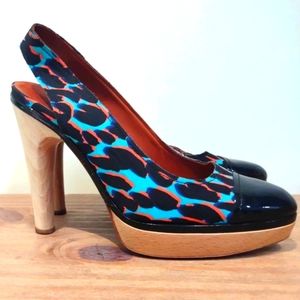 Lanvin neon blue silk leopard print wooden heel sling back pumps 39/8.5